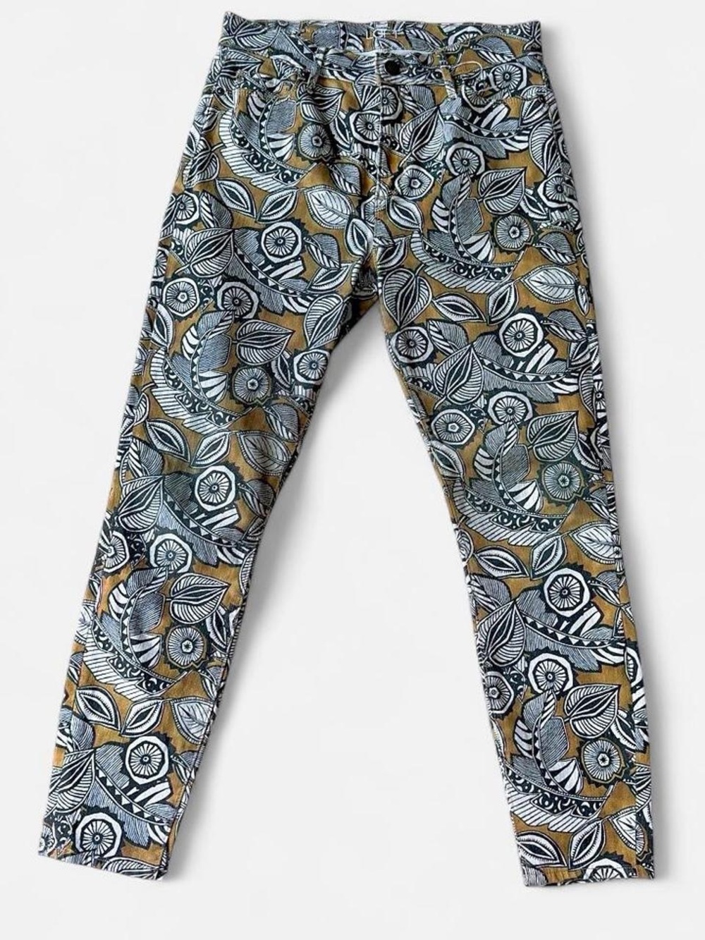 LOFT Printed Floral Leaf Pants - Mustard and Navy